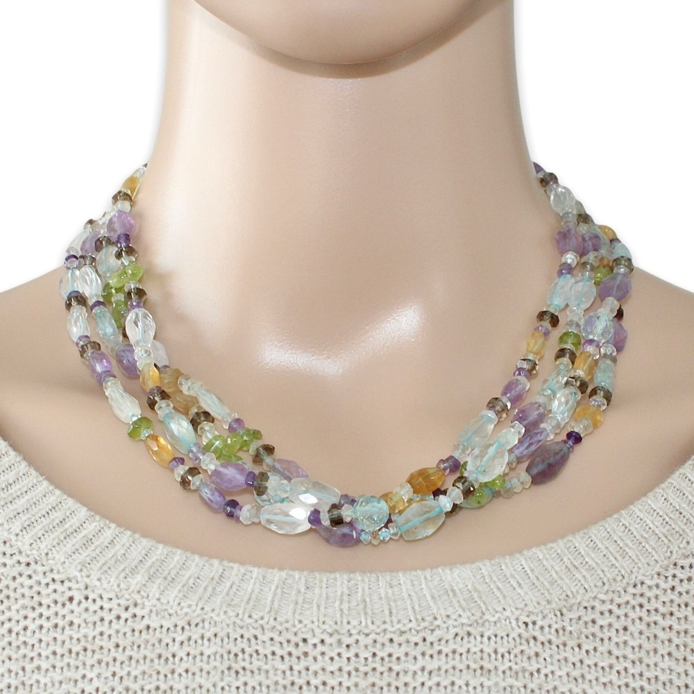 Vintage Mixed Gemstone Multi-Strand Necklace Amethyst Citrine Peridot Quartz